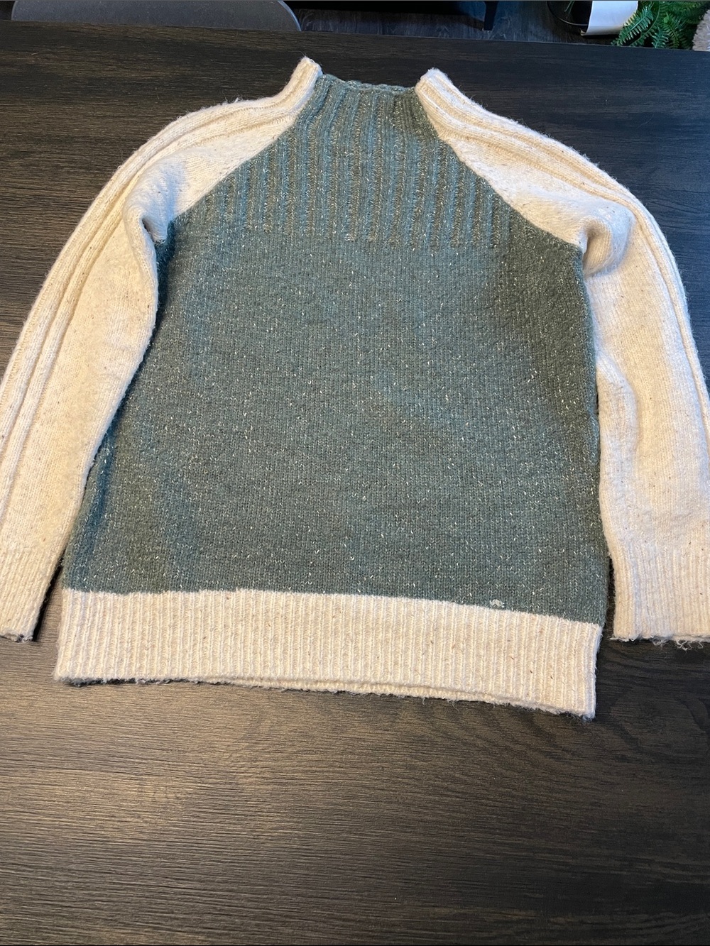 Mystree Two-Tone Green Body with Cream Sleeves Crewneck Sweater